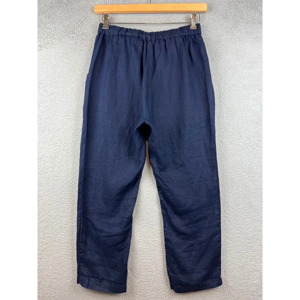 Quince Navy Blue 100% European Linen Straight Leg Elastic Waist Pants Womens S